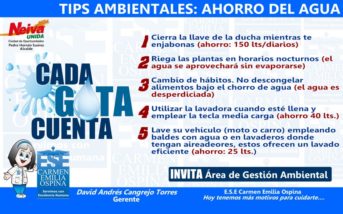 Tips Ambientales ESE Carmen Emilia Ospina: Ahorro del Agua Tips Ambientales ESE Carmen Emilia Ospina: Ahorro del Agua