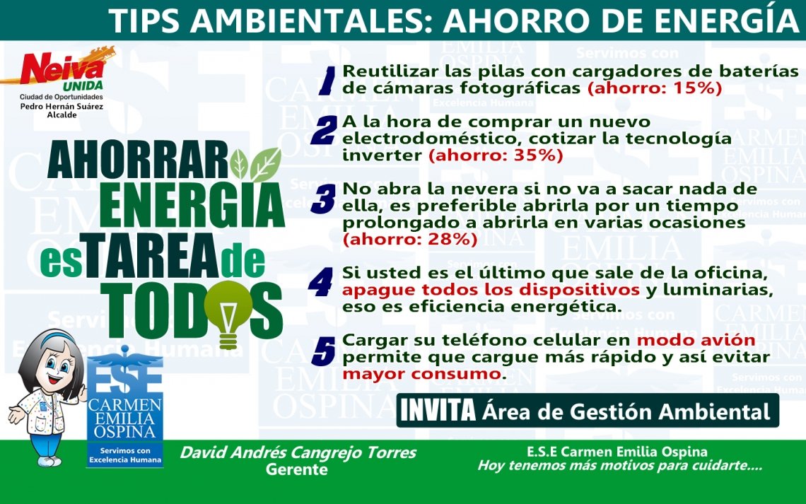 Tips Ambientales ESE Carmen Emilia Ospina: Ahorro de Energía Tips Ambientales ESE Carmen Emilia Ospina: Ahorro de Energía