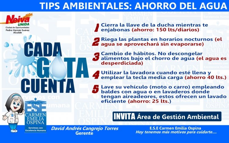 Tips Ambientales ESE Carmen Emilia Ospina: Ahorro del Agua